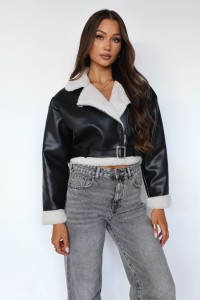 Ocieplana kurtka kożuch zimowy Blanco z miękkiej ekoskóry na misiu - czarna z białym misiem