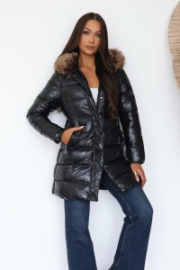 Lakierowana zimowa kurtka płaszcz Lexus w połysku - czarna