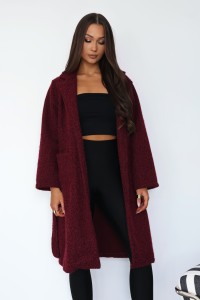Długi płaszcz Portofino z paskiem z bukli z włosiem - bordo