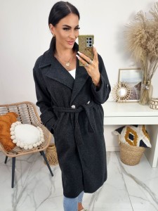 Elegancki płaszcz Serenita z paskiem i złotymi guzikami – czarny