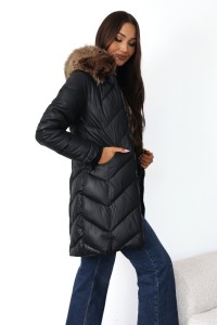 Ciepły zimowy płaszcz Mariot z kapturem i futrem - czarny + czekoladowe futro