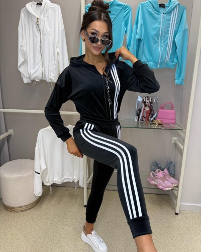 Welurowy komplet dresowy z paskami bluza kangurka + spodnie La Perla premium - czarny