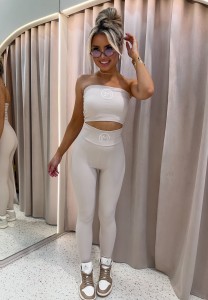 Komplet Legginsy prążkowane + Top z logo LA MONNE  - beżowy