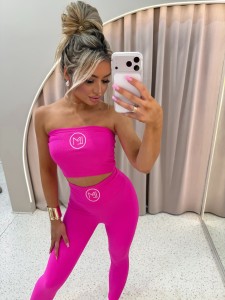 Komplet Legginsy prążkowane + Top z logo LA MONNE  - fuksja