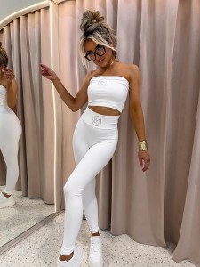 Komplet Legginsy prążkowane + Top z logo LA MONNE  - biały