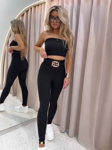 Legginsy prążkowane z paskiem i klamrą LA MONNE - czarne