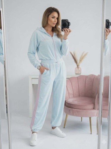 Welurowy komplet dresowy La Perla Style z paskami i z haftem alladynki + bluza - błękit baby blue