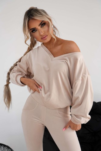 Komplet dres welurowy Mielczarkowski bluza w serek + legginsy Polski produkt - beżowy