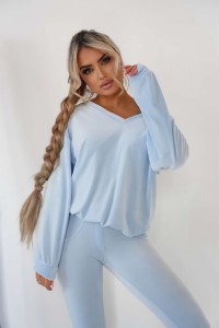 Komplet dres welurowy Mielczarkowski bluza w serek  + legginsy Polski produkt  - baby blue