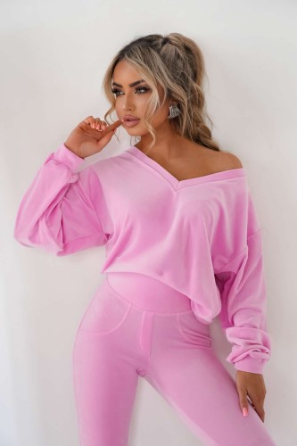 Komplet dres welurowy Mielczarkowski bluza w serek + legginsy Polski produkt - pudrowy róż