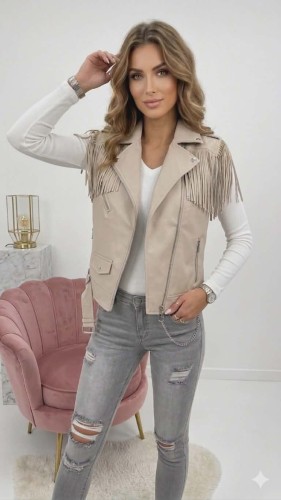 Kamizelka bezrękawnik z ekoskóry Charis z frędzlami z paskiem - beżowa