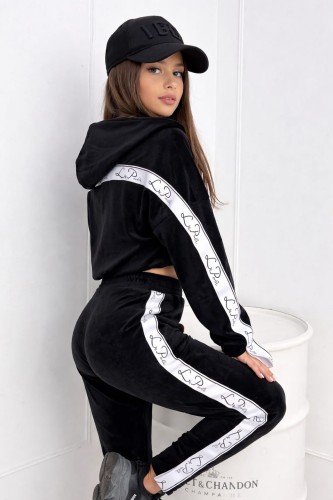 Welurowy dziecięcy dres Besties bluza kangurka + spodnie z lampasem La Perla Kids - czarny