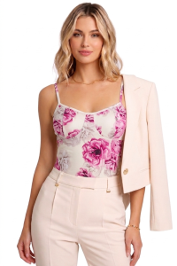 Top bluzka na ramiączka pod garnitur w kwiaty - beżowy w fuksjowe kwiaty