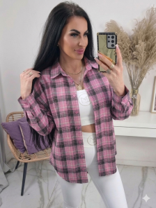 Bawełniana klasyczna koszula w kratę Malaga - różowa z czarnym