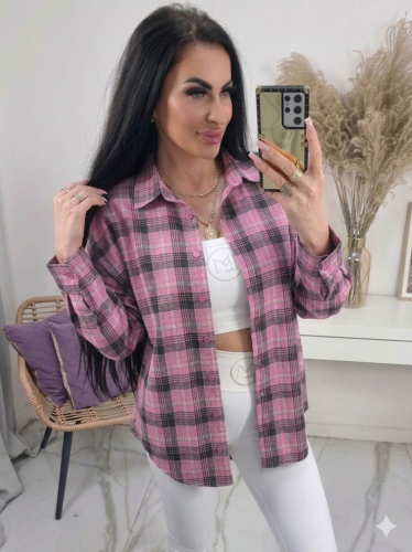 Bawełniana klasyczna koszula w kratę Malaga - różowa z czarnym