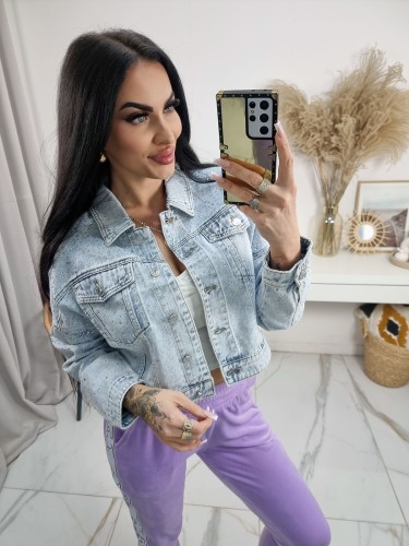 Krótka kurtka katana jeansowa Cora Re-Dress z cyrkoniami - jasny marmurkowy błękit