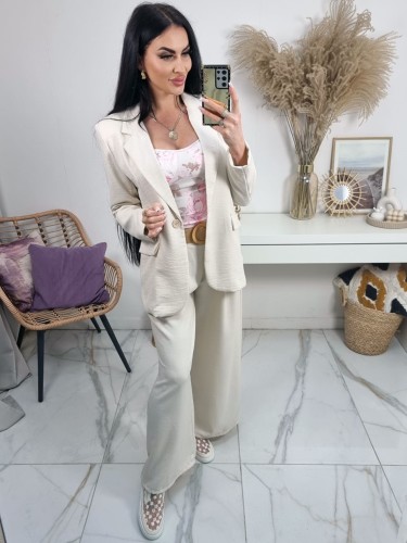 Garnitur damski Karen marynarka + spodnie z szeroką nogawką i paskiem a'la len - jasny beż