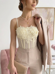 Elegancki Gorset z Kwiatami Top pod garnitur Collet modelujący z fiszbinami  - zółty bananowy