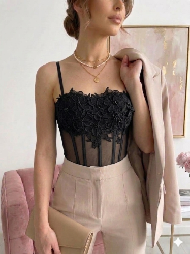 Elegancki Gorset z Kwiatami Top pod garnitur Collet modelujący z fiszbinami  - czarny