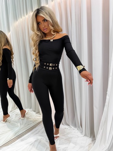 Legginsy Gold Stripe ze złotymi  paskami i  klamrami  LA MONNE - czarne