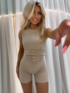 Kolarki legginsy Gold Stripe ze złotymi  paskami i  klamrami  LA MONNE - beżowe