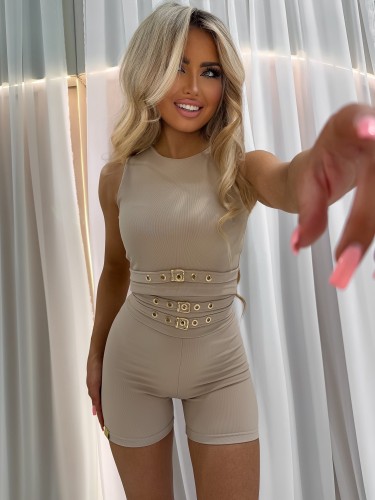 Kolarki legginsy Gold Stripe ze złotymi  paskami i  klamrami  LA MONNE - beżowe