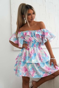 Letnia sukienka hiszpanka Valentina Flower print by Mielczarkowski polski produkt - niebieskie liście