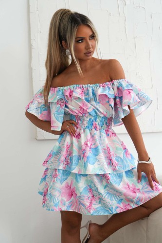 Letnia sukienka hiszpanka Valentina Flower print by Mielczarkowski polski produkt - niebieskie liście