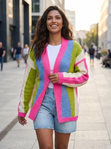 Krótki sweter kardigan Blix w pasy polski producent J&K premium - neonowy