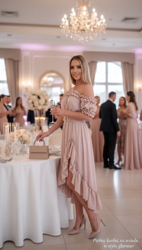 Letnia sukienka hiszpanka Marbella z paskiem i złotą klamrą S.MORISS - jasny beż