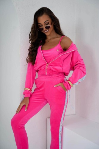 Klasyczny welurowy dres premium La Perla Holo z lampasami bluza+spodnie - neon róż holo