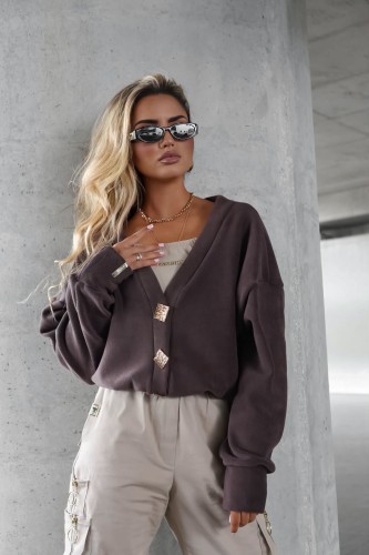 Sweter bluza polar Aura Cardigan LA MONNE na złote guziki  - czekoladowy