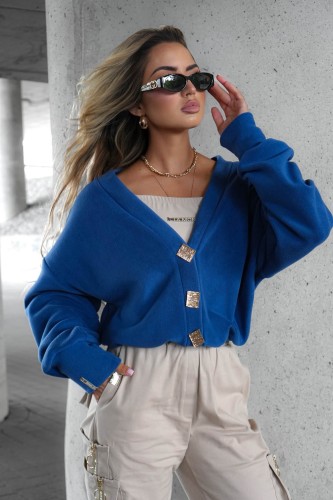 Sweter bluza polar Aura Cardigan LA MONNE na złote guziki  - jeansowy granat