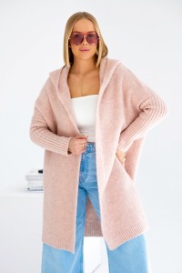 Długi sweter kardigan Emma z kapturem Polski producent Sploty premium -  pudrowy róż