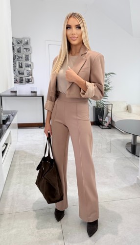 Damski elegancki garnitur Santorini komplet S.MORISS marynarka oversize + spodnie - beżowy