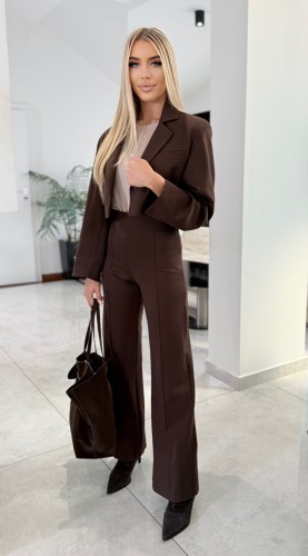 Damski elegancki garnitur Santorini komplet S.MORISS marynarka oversize + spodnie - czekoladowy brąz