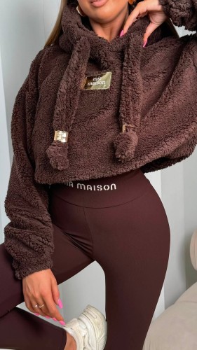 Bluza polar Teddy Mia Maison z kapturem i troczkami - gorzka czekolada