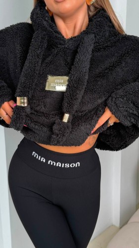 Bluza polar Teddy Mia Maison z kapturem i troczkami - czarna