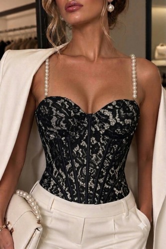 Elegancki Gorset Top Pearls pod garnitur modelujący z fiszbinami - czarny z beżem