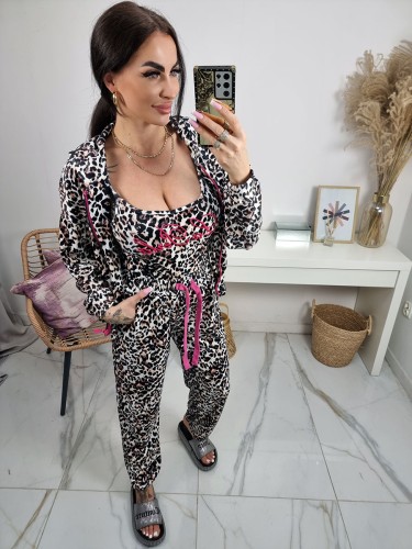 Welurowy dres 3 częściowy premium La Perla bluza + bluzka + spodnie - dorbna panterka