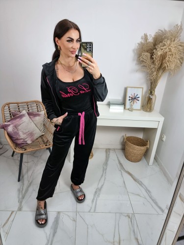 Welurowy dres 3 częściowy premium La Perla bluza + bluzka + spodnie - czarny 