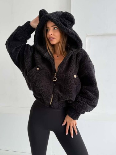 Kurtka Bluza rozpinana polar Teddy Vasari z kapturem i uszami - czarna