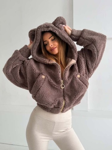 Kurtka Bluza rozpinana polar Teddy Vasari z kapturem i uszami - mleczna czekolada