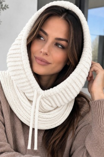 Komin z kapturem balaclava Autumn regulowany wełna polski produkt  - biały ecrue
