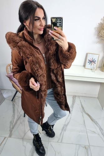 Parka kurtka zimowa Tailor z futrzanym kołnierzem i kapturem - brązowa z camelowym futrem