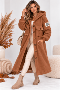 Ciepły płaszcz Teddy Bear a'la kożuch z naszywką - ciemny camel